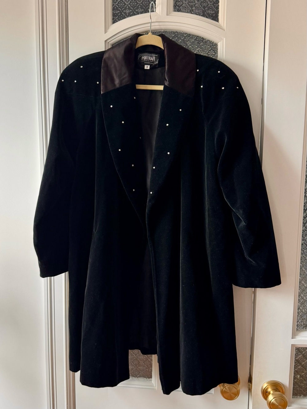 Vintage 1990s Black Velvet Duster Coat with Rhinestone Embellished Shoulders